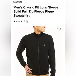 Men’s Lacoste full zip fleece sweat shirt. Black. XL.